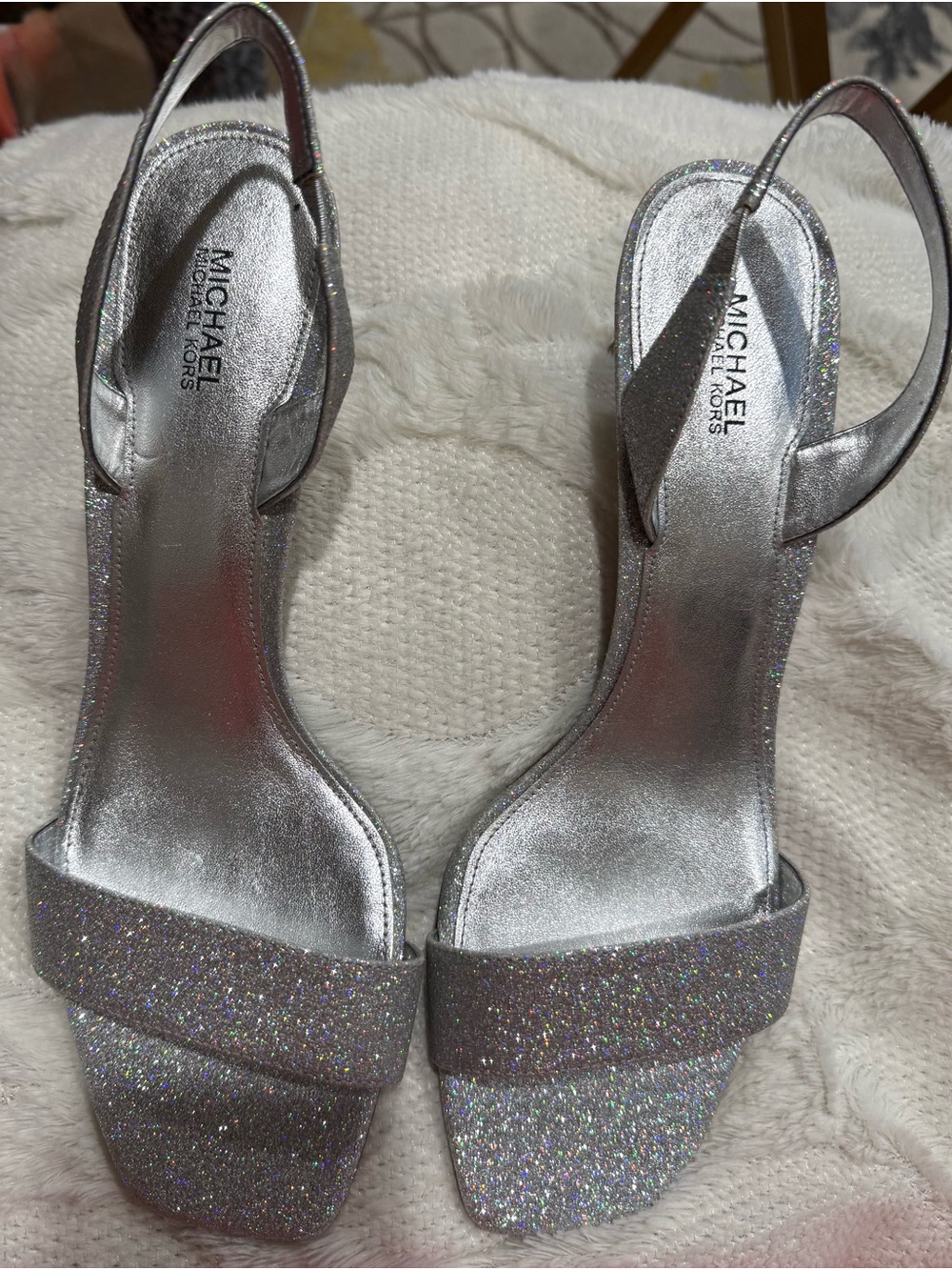 Michael Kors Mila Silver Fine Glitter slingback kitten heels (2.5”)  size 10